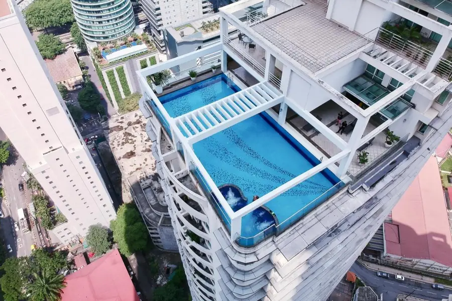The KLCC Parkview 1 tower seen from above, with the rooftop pool among the skyscrapers of Kuala Lumpur