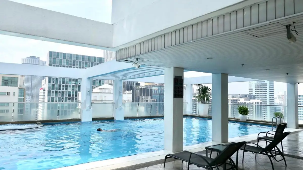 Outdoor pool on the roof of KLCC Parkview 1, with the Kuala Lumpur skyscrapers around it